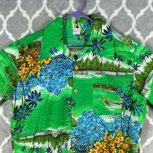 Vintage 70s Kmart Hawaiian Shirt Men XL Green Dagger‎ Collar Tiki Aloha MCM